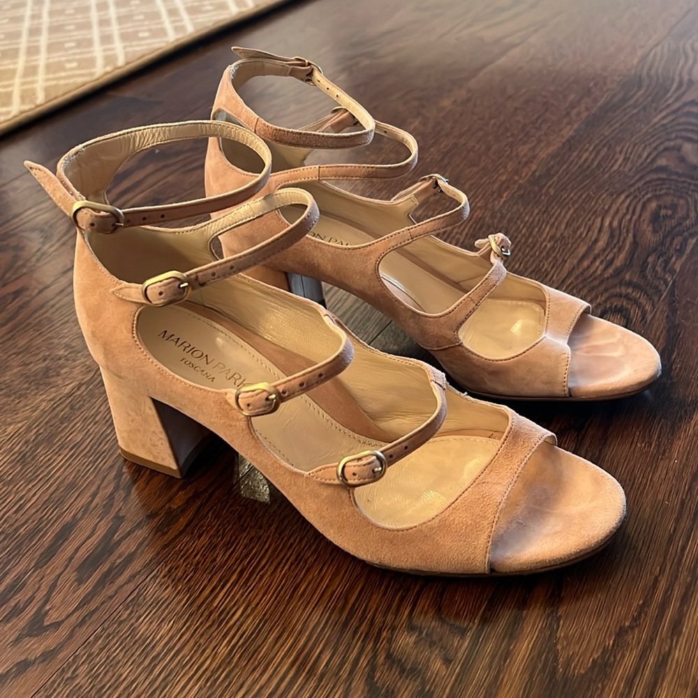 Marion Parke Nude Suede Triple-Strap Block Heel Sandals